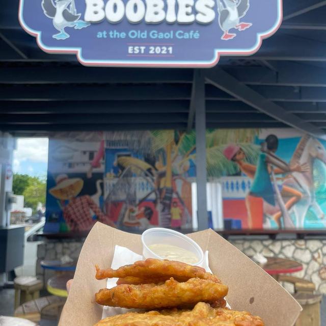 Fish fritters under the Boobies sign
